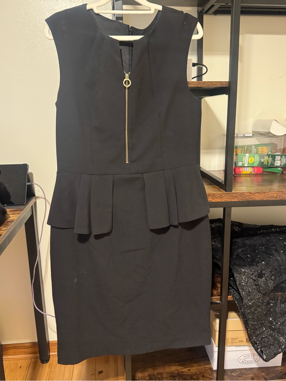 Tahari Black Sleeveless Peplum Midi Dress with Gold Zip